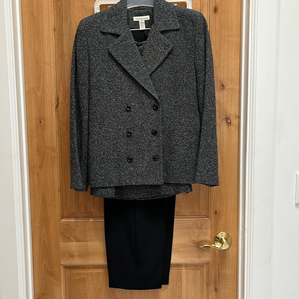 Amanda Smith three-piece suit, jacket, skirt, and trousers.